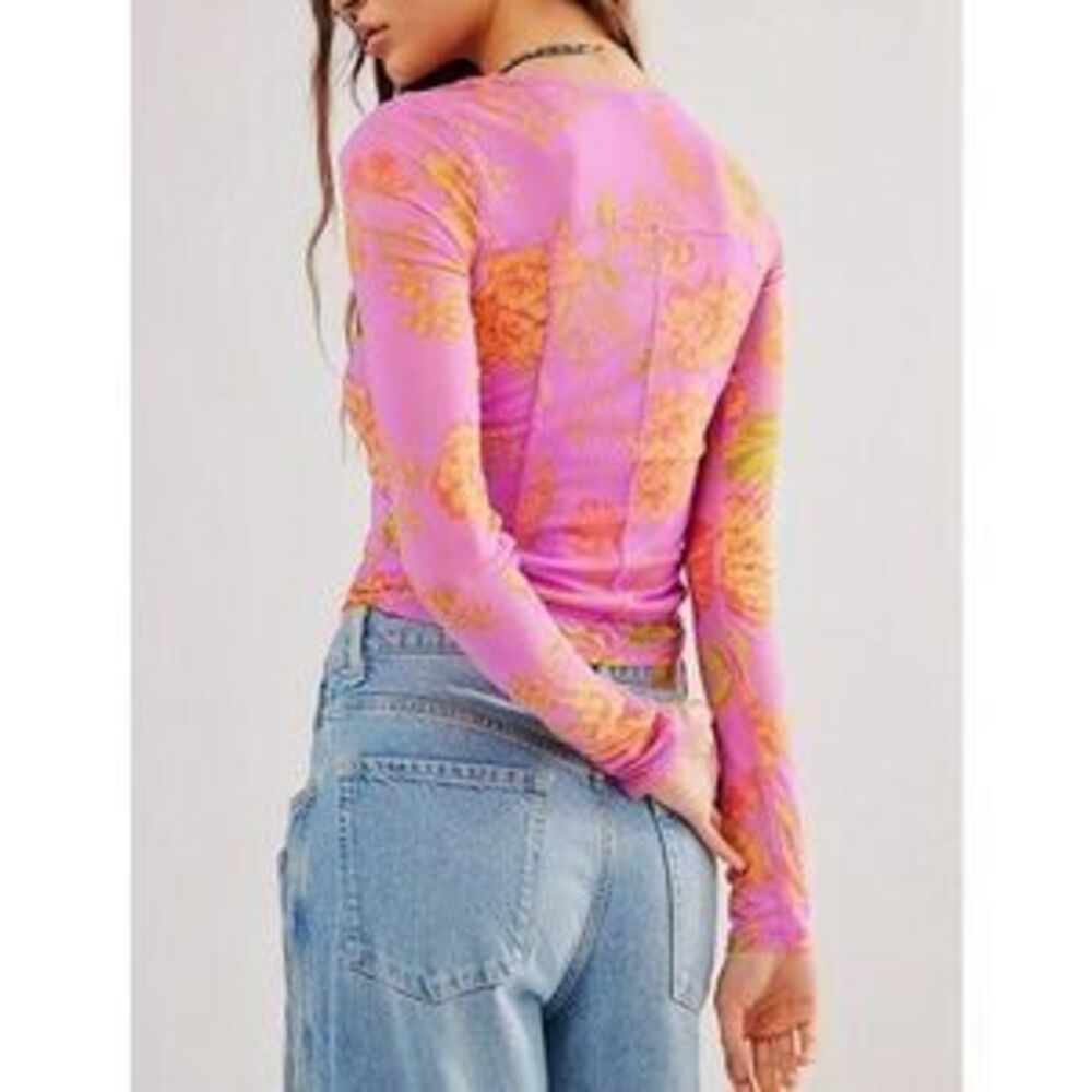 Pink Floral Sheer Mesh Fitted Long Sleeve Tee Shirt - Picture 2 of 3